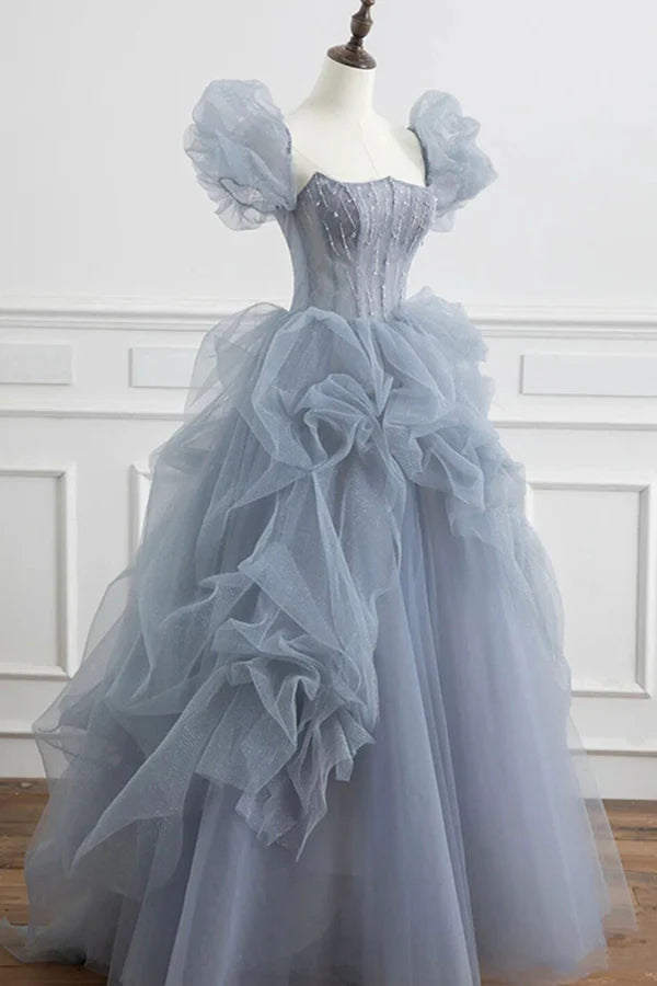 Wholesale Gray Tulle Long A-Line Prom Dress Gray Short Sleeve Evening Dress